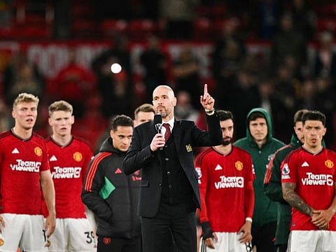 Manchester United's Dutch manager Erik ten Hag delivers a speech the end of the English Premier League football match against Newcastle United at Old Trafford in Manchester, north west England, on May 15.