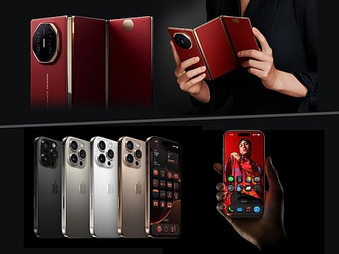 We compare the Huawei Tri-Fold Mate XT (top) and the iPhone 16 Pro Max.