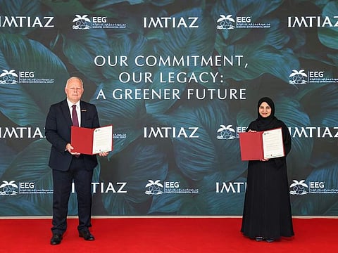 Ernest Edward Pallett, Director of Business Strategy at Imtiaz Developments and Habiba Al Mar'ashi, Co-Founder and Chairperson of Emirates Environmental Group, formalise the groundbreaking partnership with Imtiaz Developments, marking the launch of a green initiative to plant a tree for every apartment built.