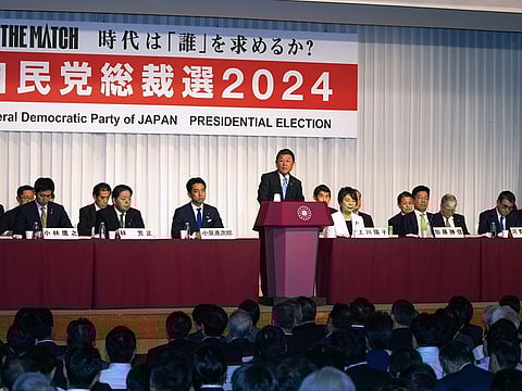 Nine candidates for the Liberal Democratic Party (LDP) leadership race gather to deliver opening remarks at the party's headquarters in Tokyo, Japan, on Thursday, September 12, 2024.