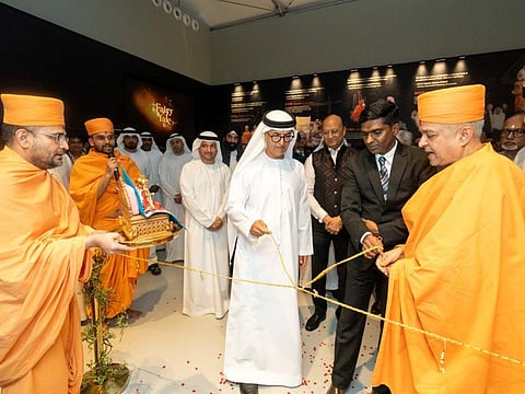 Dr Mugheer Khamis Al Khaili, Chairman of the Department of Community Development (3rd from L) and Consul General of India in Dubai Satish Kumar Sivan (2nd from L) at the Premier of the Fairy Tale held at BAPS Hindu Mandir in Abu Dhabi.