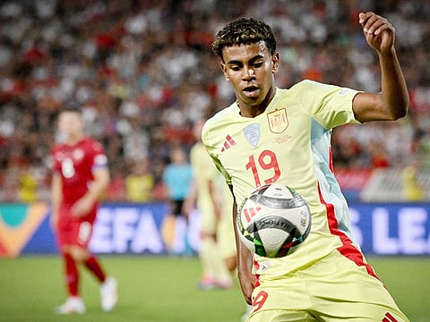 File photo: Spain's forward Lamine Yamal controls the ball during the UEFA Nations League Group A4 football match against Serbia at the Rajko-Mitic stadium in Belgrade on September 5, 2024.