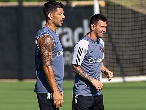 Inter Miami's Lionel Messi, along with Luis Suarez (left), returned to the training at the Florida Blue Training Center in Fort Lauderdale on Friday.