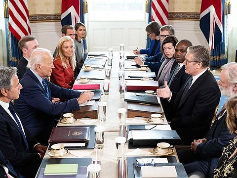 US President Joe Biden and British Prime Minister Keir Starmer participate in a bilateral meeting in the Blue Room of the White House in Washington, DC, on September 13, 2024.