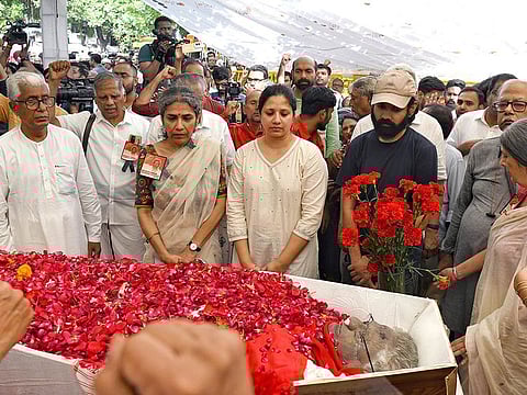 Communist Party of India (Marxist) (CPI-M) General Secretary Sitaram Yechury's wife Seema Chisti Yechury and children Akhila and Daanish paying last respects to him at the party office, in New Delhi on Saturday.