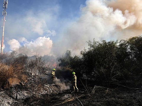 First responders put out a fire in an open area in Lod near Tel Aviv, reportedly caused by a missile fired from Yemen on September 15, 2024.