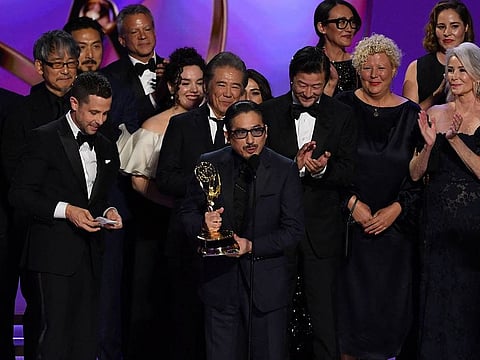 Japanese actor Hiroyuki Sanada (C), along with cast and crew, accept the Outstanding Drama Series award for “Shogun” onstage during the 76th Emmy Awards at the Peacock Theatre at L.A. Live in Los Angeles.