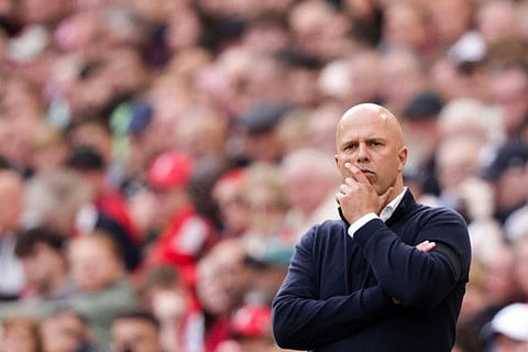 Liverpool's Dutch manager Arne Slot reacts during the English Premier League football match against Nottingham Forest at Anfield in Liverpool, north west England on September 14.