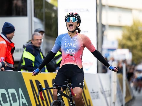 UAE Team ADQ’s Eleonora Gasparrini celebrates her win at the Women's Cycling Grand Prix Stuttgart & Region.