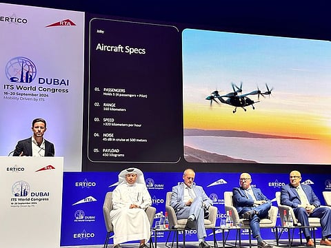 Tyler Trerotola (far left), general manager for the Middle East, Joby Aviation, delivering a presentation about the air taxi service in Dubai during a press conference on the inaugural day of the 30th edition of the Intelligent Transport Systems (ITS) World Congress in Dubai on Monday