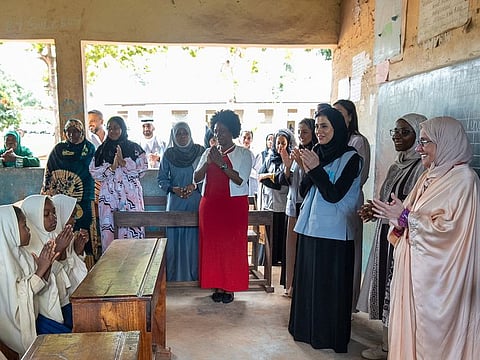 Sheikha Jawaher bint Mohammed Al Qasimi, Chairperson of The Big Heart Foundation (TBHF) and Eminent Advocate for Refugee Children at UNHCR, accompanied by Leila Mohammed Musa, Minister of Education and Vocational Training during a visit to a school in Zanzibar