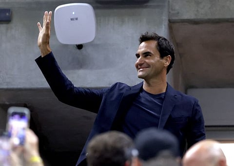 Roger Federer is recognised during the women's singles quarter-final match between Zheng Qinwen of China and Aryna Sabalenka of Belarus of the 2024 US Open at USTA Billie Jean King National Tennis Centre on September 3.