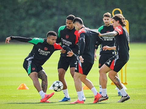 Arsenal players during a training session at the Arsenal Training centre in Shenley in Hertfordshire on Wednesday.