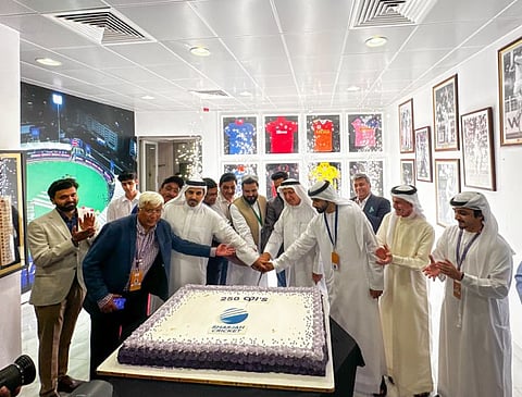 Officials at the cake cutting ceremony to mark the 250 ODI at the Sharjah Cricket Stadium yesterday.