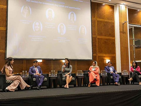 Hemant Katyal, Co-Founder, Dhanguard Group; Chrissi Zamora, Managing Director, Hawksford UAE; Rinshana Gafoor Shas, General Manager, Fast Business Center; Pratik Rawal, Head of Corporate Structuring, Creative Zone; Fathima Salam, Head of Operations, Lawgical Group, speaking at a panel at Gulf News' The UAE Growth & Investment Forum. The panel was moderated by Sophiya Anjam (left)