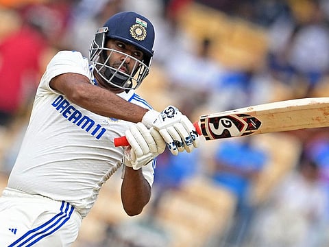 India's Ravichandran Ashwin plays pull shot during his unbeaten century against Bangladesh on Thursday.