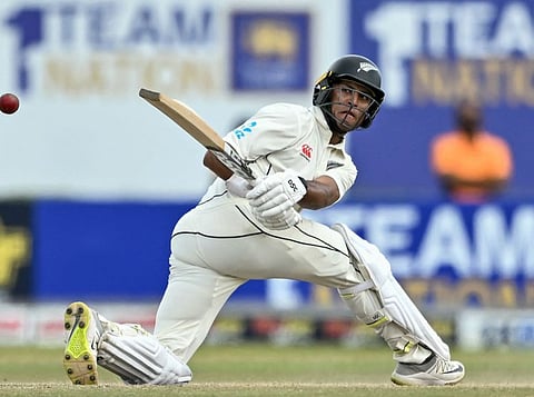 New Zealand's Rachin Ravindra in action during the fourth day of the first Test cricket match against Sri Lanka at the Galle International Cricket Stadium in Galle on Sunday.