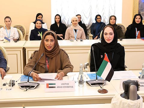 Mona Ghanem Al Marri (L), Vice President of the UAE Gender Balance Council, and Mouza Al Suwaidi, Secretary-General of the UAE Gender Balance Council, during the BRICS Ministerial Meeting on Women’s Affairs in St. Petersburg, Russia, on September 20