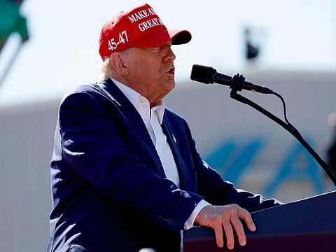 Republican presidential candidate former US President Donald Trump speaks at a rally at the Aero Center Wilmington on September 21, 2024 in Wilmington, North Carolina.