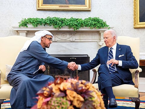 Sheikh Mohamed bin Zayed Al Nahyan, President of the United Arab Emirates (L), and Joe Biden, President of the United States of America (R) at the White House during an official visit.