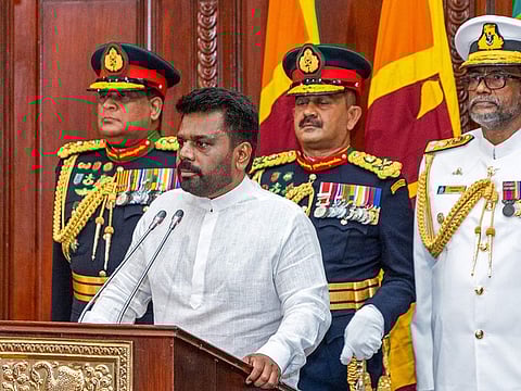 Sri Lanka's new President Anura Kumara Dissanayaka attending his swearing-in ceremony, in Colombo. Sri Lanka's first leftist president was sworn in to office on September 23 vowing to restore public faith in politics but said he had no magic solution to the hardships suffered following an unprecedented economic crisis.