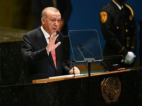 Turkey's President Recep Tayyip Erdogan speaks during the 79th Session of the United Nations General Assembly at the United Nations headquarters in New York City.
