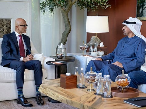 Sheikh Mohamed (R) with Satya Nadella (L), during an official visit to the United States.