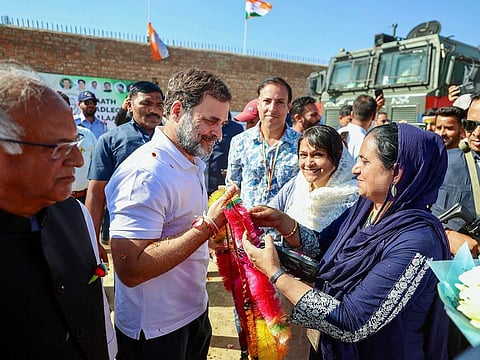 Congress leader  Rahul Gandhi during a public meeting in Jammu and Kashmir