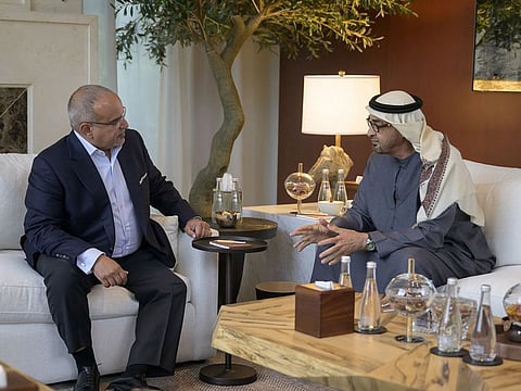 President His Highness Sheikh Mohamed bin Zayed Al Nahyan with Prince Salman bin Hamad Al Khalifa, Crown Prince and Prime Minister of the Kingdom of Bahrain, in Washington