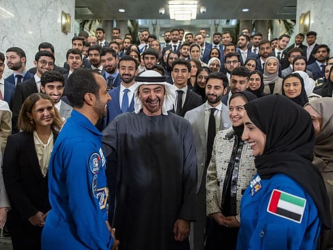 Sheikh Mohamed bin Zayed during his meeting with Emirati students and astronauts in US.