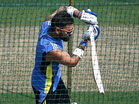 Indias Virat Kohli bats during a practice session at the Green Park Cricket Stadium in Kanpur on Thursday.