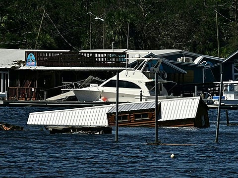 A damaged house is seen floating after Hurricane Helene made landfall in Steinhatchee, Florida, on September 27, 2024
