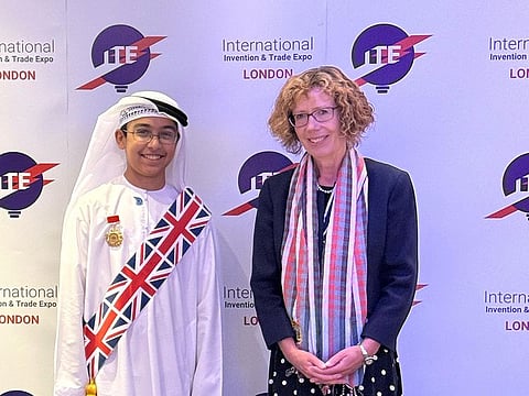 Emirati student Ali Humaid Al Loughani after receiving medals at the 6th International Inventions and Trade Expo held in London