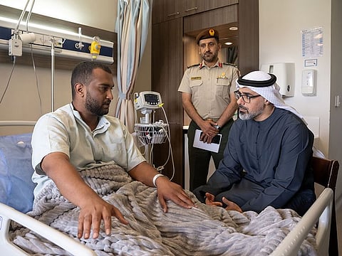 Sheikh Khaled bin Mohamed bin Zayed Al Nahyan during his visit members of the UAE Armed Forces who were injured in an accident last Tuesday.