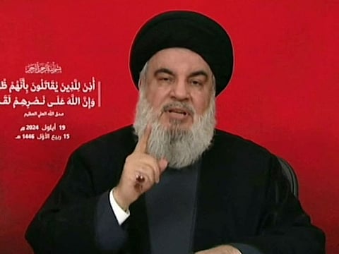 An image grab taken from Hezbollah's Al Manar TV shows the Lebanese militant group's chief Hassan Nasrallah.