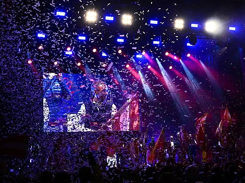 Confetti flies though the air as chairman and top candidate of the Freedom Party of Austria (FPOe) Herbert Kickl waves the Austrian flag at the end of an election rally at Stephansplatz in Vienna, Austria.