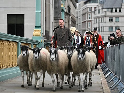British actor Damian Lewis leads The Worshipful Company of Woolmen, driving sheep across Southward Bridge, during the annual event in London on September 29, 2024.