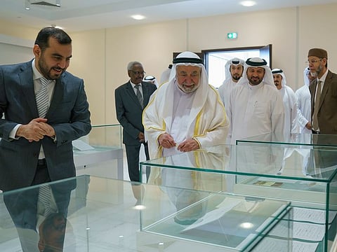 Following his speech, His Highness Dr Sheikh Sultan bin Mohammed Al Qasimi, Member of the Supreme Council and Ruler of Sharjah toured the Al Qasimi Publications office, where he viewed an exhibition displaying original manuscripts of his works