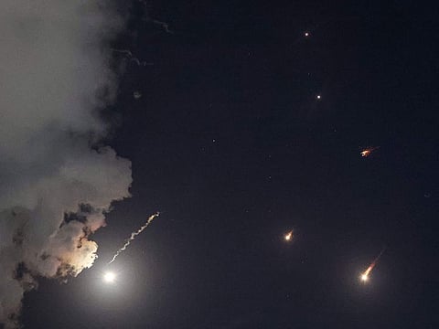 Projectiles being intercepted by Israel above Tel Aviv on October 1, 2024. Air raid sirens sounded in central Israel on October 1, the military said, a day after the army launched ground operations into southern Lebanon targeting Hezbollah positions.