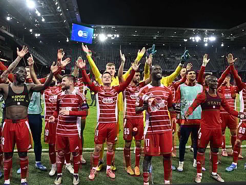 Brest's team celebrates after the Uefa Champions League football match against RB Salzburg in Salzburg, Austria on Tuesday.