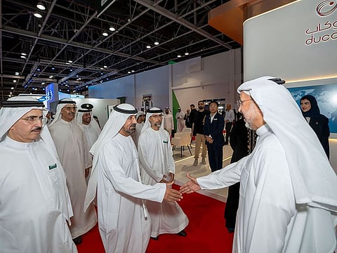 Shaikh Ahmed Bin Saeed Al Maktoum, Chairman of the Dubai Supreme Council of Energy greets Ahmad Belyouha, Board member, Ducab Group while visiting the Ducab booth at Wetex