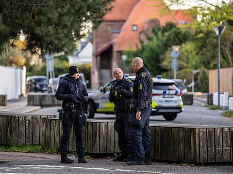 Police officers securing an area near the Israeli embassy in Copenhagen, on October 2, 2024. Danish police said on Wednesday they were investigating two blasts that went off in an area near the Israeli embassy in the capital.