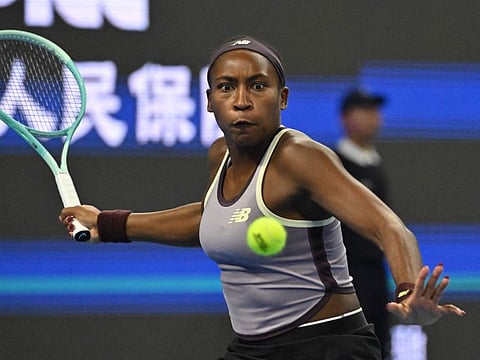USAs Coco Gauff hits a return to Ukraines Yuliia Starodubtseva during their womens singles quarter-final match at the China Open tournament in Beijing on Thursday.