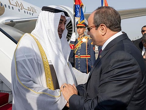 President His Highness Sheikh Mohamed bin Zayed Al Nahyan arrived in Cairo on Thursday for a working visit to Egypt. He was met at Cairo International Airport by President Abdel Fattah Al Sisi of Egypt.