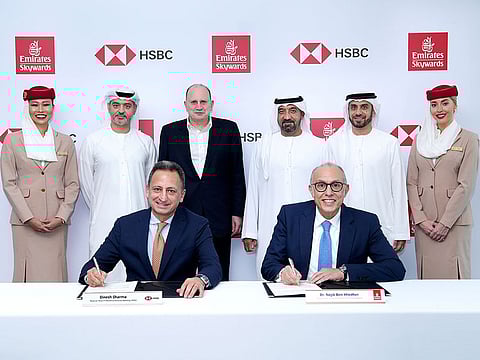 HSBC and Emirates Skywards partnership announced at a signing ceremony attended by Sheikh Ahmed bin Saeed Al Maktoum, Chairman & Chief Executive, Emirates Airline & Group, and Sir Mark Tucker, HSBC Group Chairman, where Dinesh Sharma, Regional Head of Wealth and Personal Banking (WPB), EMEA, HSBC, and Dr Nejib Ben Khedher, Divisional Senior Vice President, Emirates Skywards, signed the agreement. Also seen in the picture are Mohamed Al Marzooqi, Chief Executive, UAE, Adnan Kazim, Deputy President & Chief Commercial Officer, Emirates and Nancy Clark, Vice President, Partnerships, Emirates Skywards.