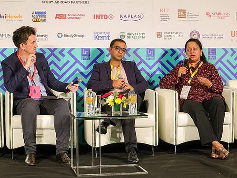 Tarun Gangwar (centre), COO of Tetr College of Business, and Dr Sujala D. Shetty (right), Associate Professor and Head of Computer Science at BITS Pilani Dubai, with moderator Lachlan Kitchen