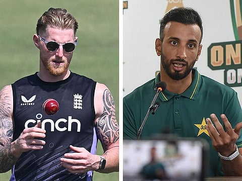 A combination photo showing England captain Ben Stokes, left and Pakistani captain Shan Masood