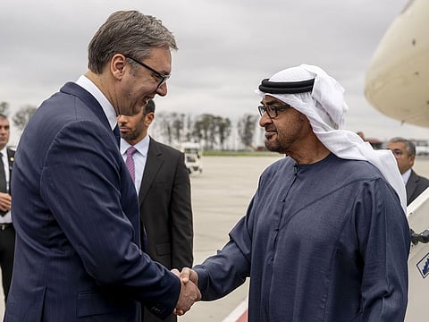 President His Highness Sheikh Mohamed bin Zayed Al Nahyan welcomed by Serbian President Aleksandar Vucic upon his arrival in Belgrade on Saturday