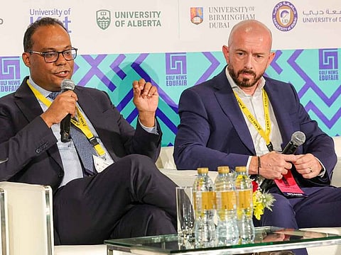 Dr. Mohamed Abdulkhaleq Bamatraf, Director of Industry Relations Middle East at Global Business Studies (GBS) Dubai, and Prof. Dr. Michael Gallimore, Head of De Montfort University Dubai at the panel discussion titled Your Career Blueprint: Leveraging Strategic Internships, Networking and Key Career Moves' during the seventh edition of the Gulf News Edufair 2024