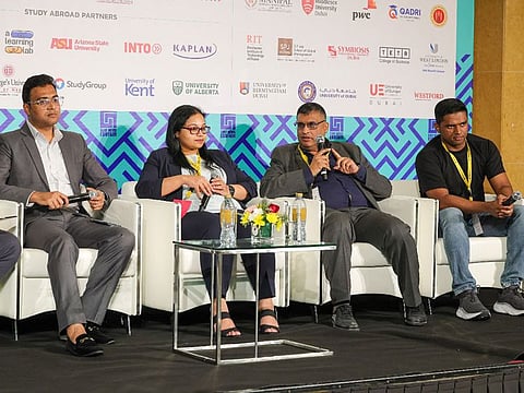 From left: Piyush Saxena, Operations Head, GeeBee Education, Partner of Y-Axis; Rashmi Menon, COO, UniHawk; Dr. Muhammad Yousuf Qadri, CEO, Qadri International Educational Consultancy and Manzoor K, Head of Global Operations, Eduzone with Moderator, Lachlan Kitchen. during a panel discussion on the opening day of Gulf News Edufair 2024